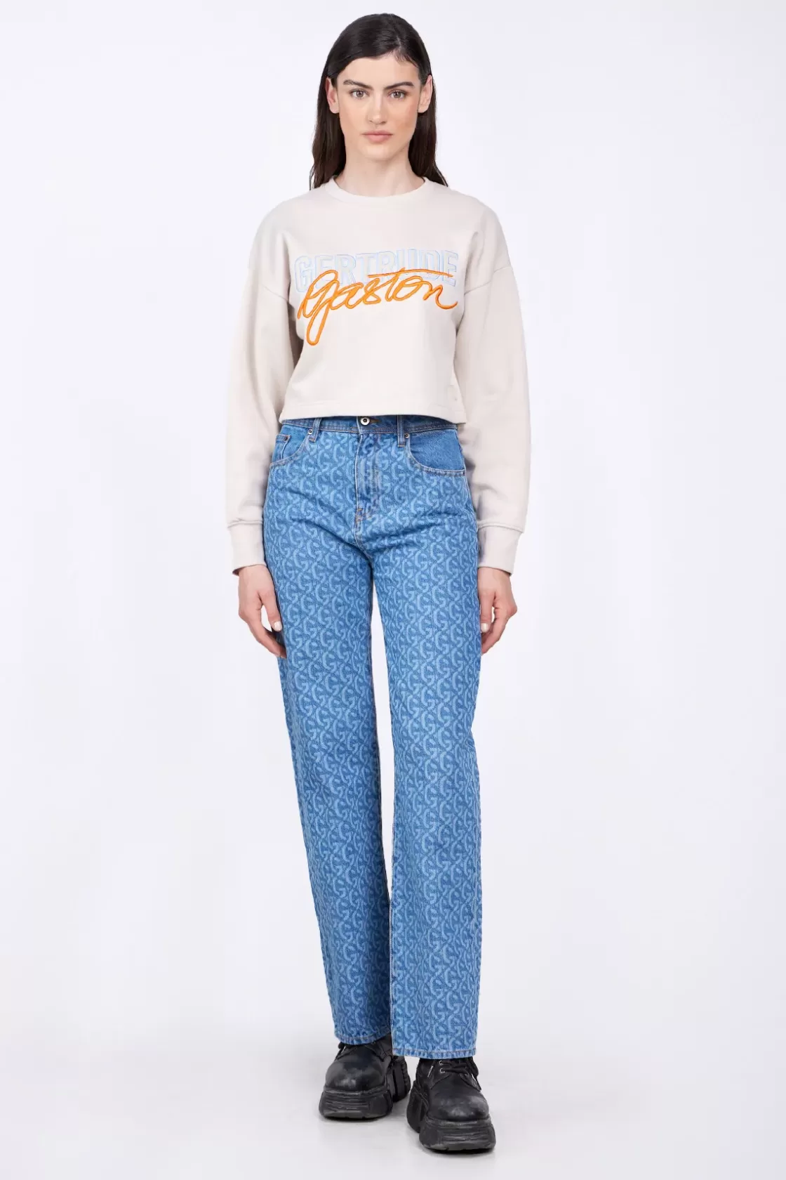 Sweat Col Rond Cropped Brode Maggy Ciment*Gertrude Best